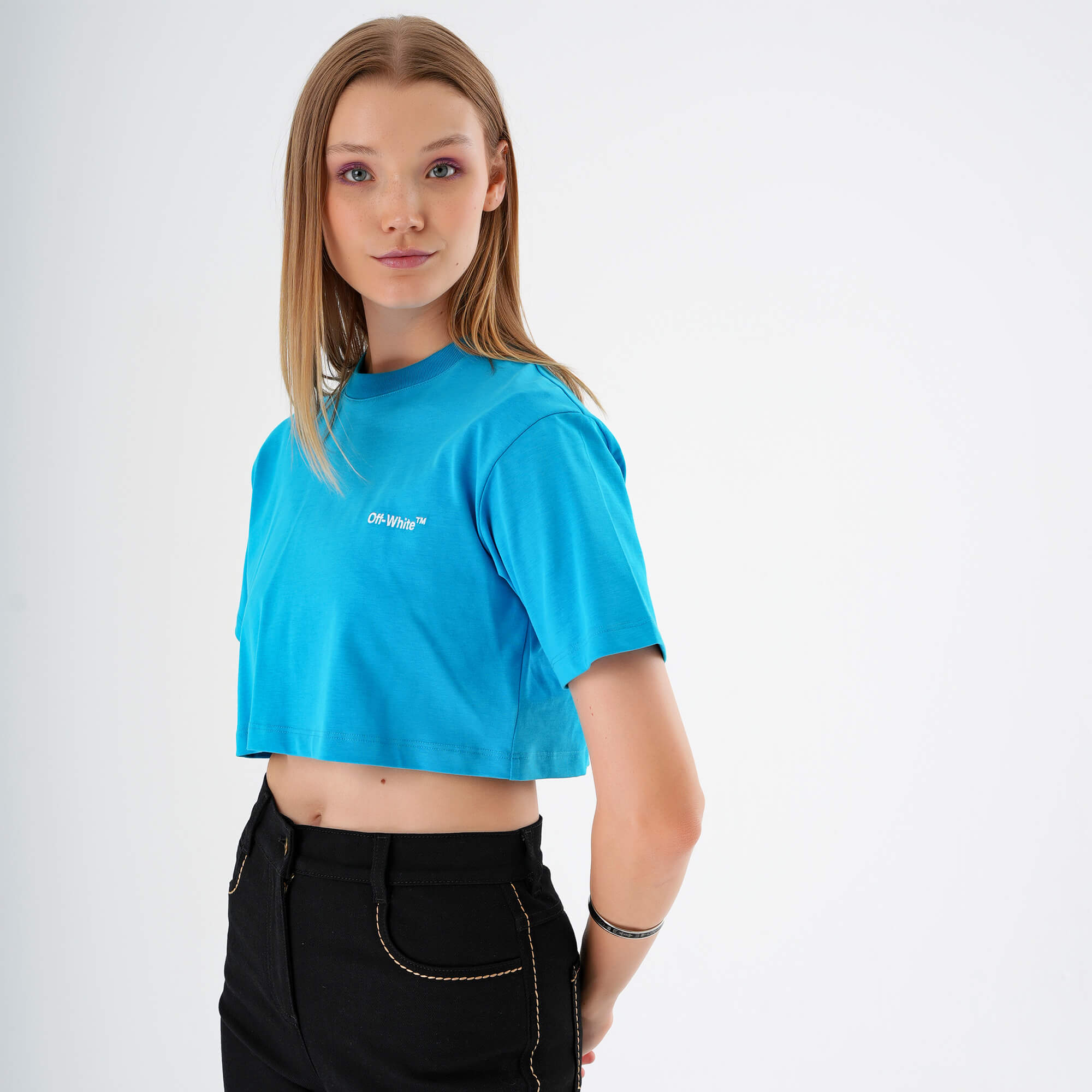 Off White - Blue Logo Printed  Cropped Tshirt M